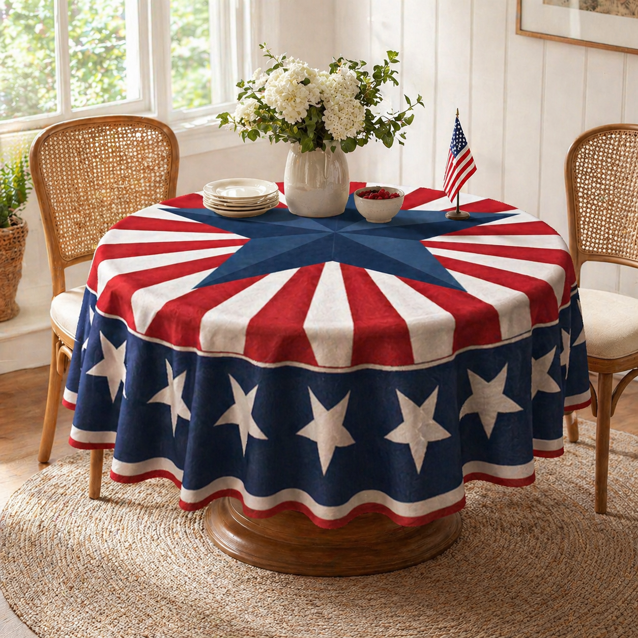 🎆 July 4th Patriotic Round Tablecloth – Outdoor Picnic & Party Decor 🇺🇸