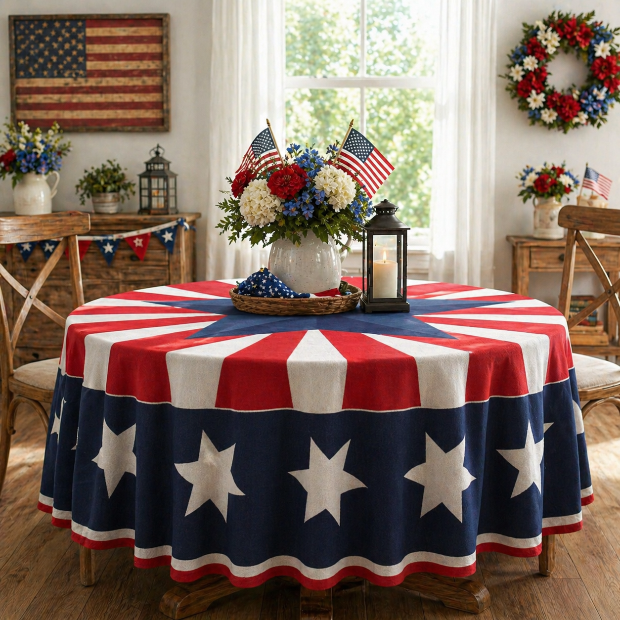 🎆 July 4th Patriotic Round Tablecloth – Outdoor Picnic & Party Decor 🇺🇸