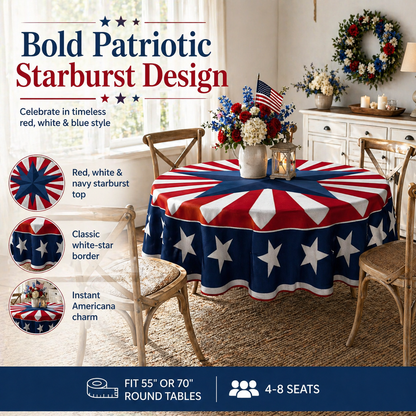 🎆 July 4th Patriotic Round Tablecloth – Outdoor Picnic & Party Decor 🇺🇸