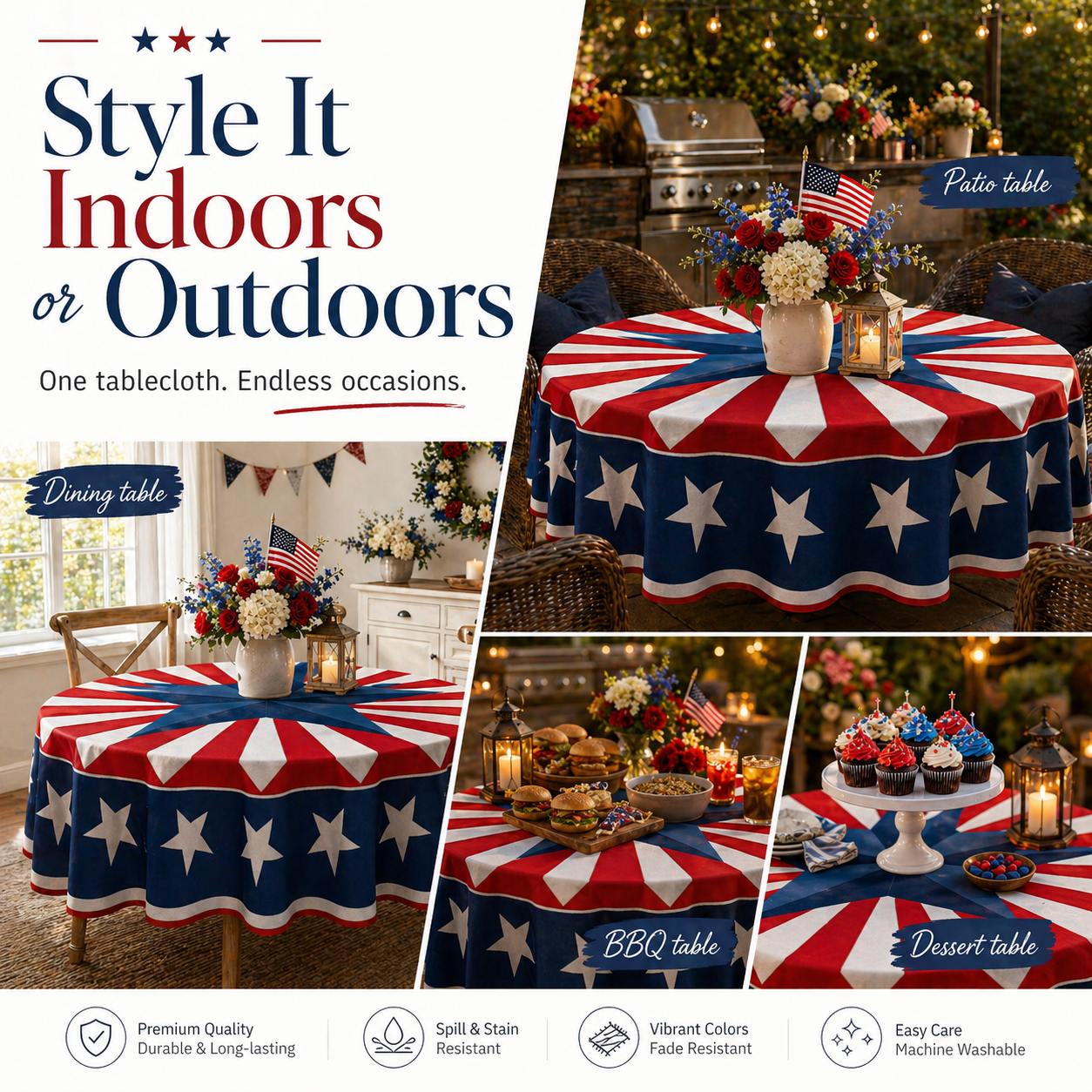 🎆 July 4th Patriotic Round Tablecloth – Outdoor Picnic & Party Decor 🇺🇸