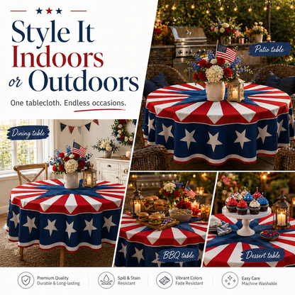 🎆 July 4th Patriotic Round Tablecloth – Outdoor Picnic & Party Decor 🇺🇸