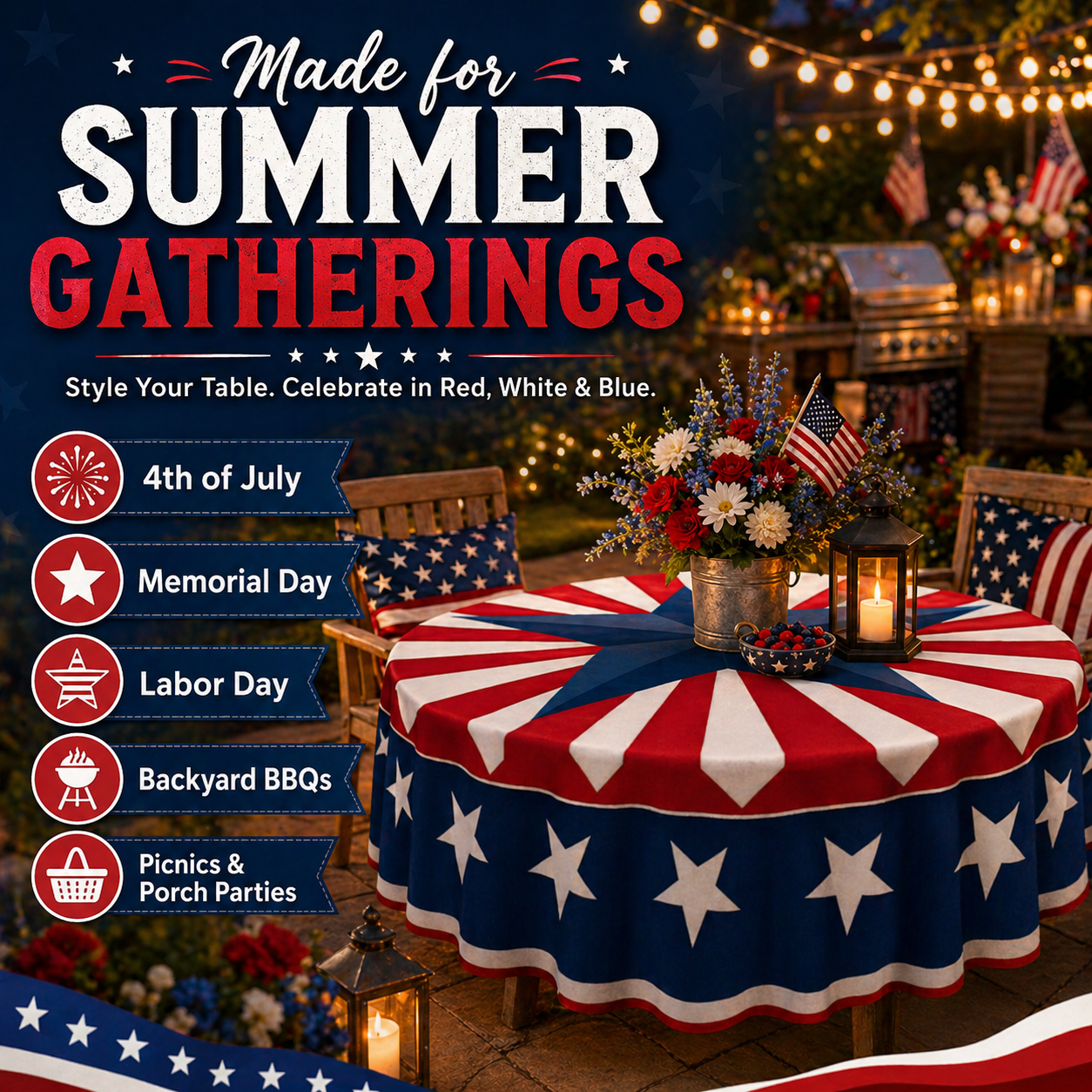 🎆 July 4th Patriotic Round Tablecloth – Outdoor Picnic & Party Decor 🇺🇸