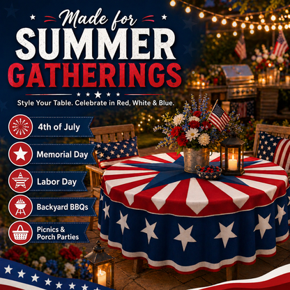 🎆 July 4th Patriotic Round Tablecloth – Outdoor Picnic & Party Decor 🇺🇸