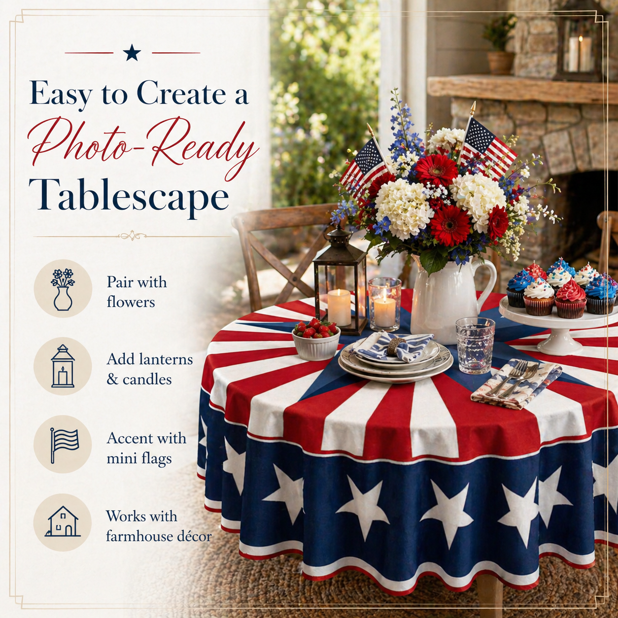 🎆 July 4th Patriotic Round Tablecloth – Outdoor Picnic & Party Decor 🇺🇸