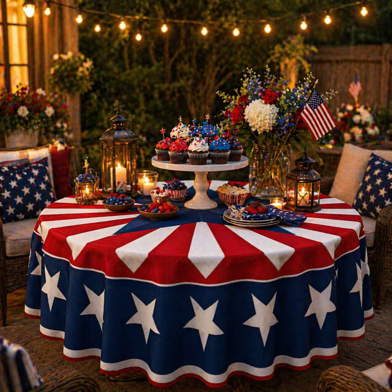 🎆 July 4th Patriotic Round Tablecloth – Outdoor Picnic & Party Decor 🇺🇸